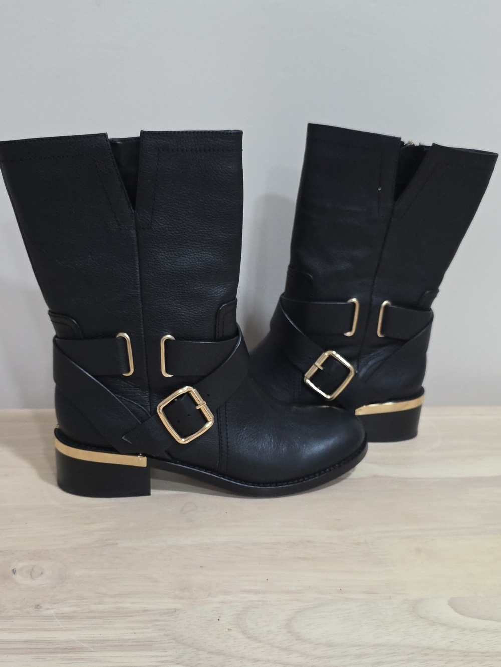 Black Leather Calf Boots With Gold Trim